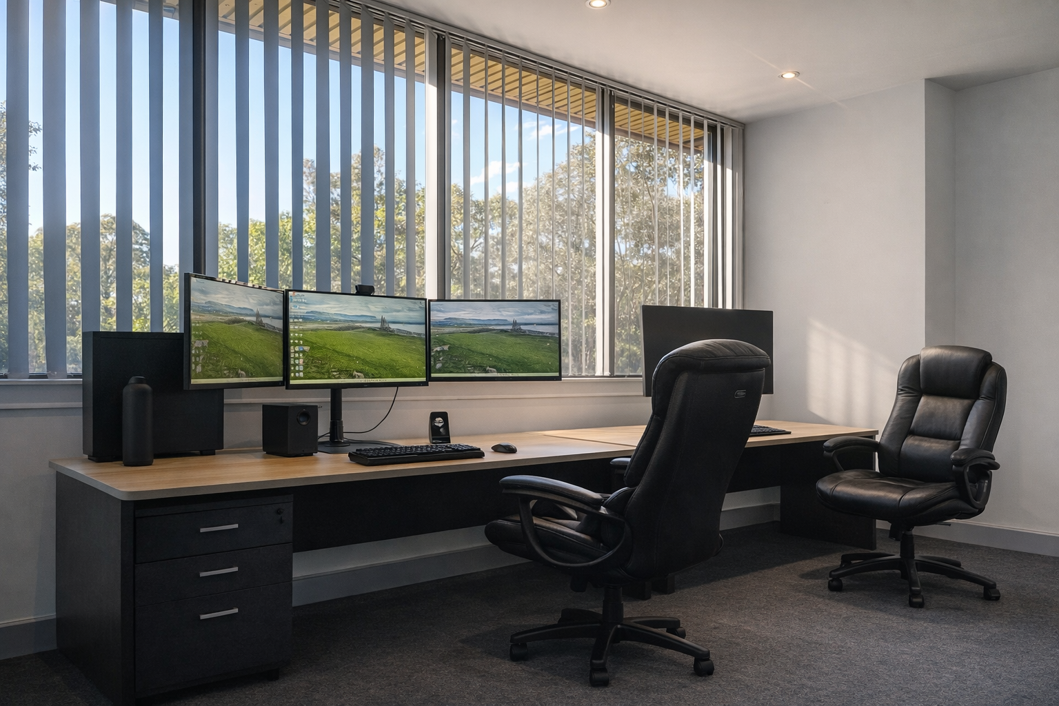 Professional private office with L-shaped desk, triple monitors, and natural light through large windows